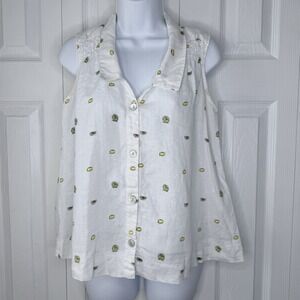 St. Tropez West Lemon Print White Button Down 100% Linen Sleeveless Top Size S